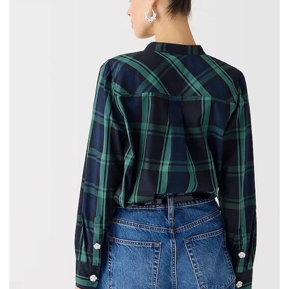 J.Crew Womens Fresco Top Rhinestone Buttons Size S Green Tartan Plaid Academia - Picture 3 of 9